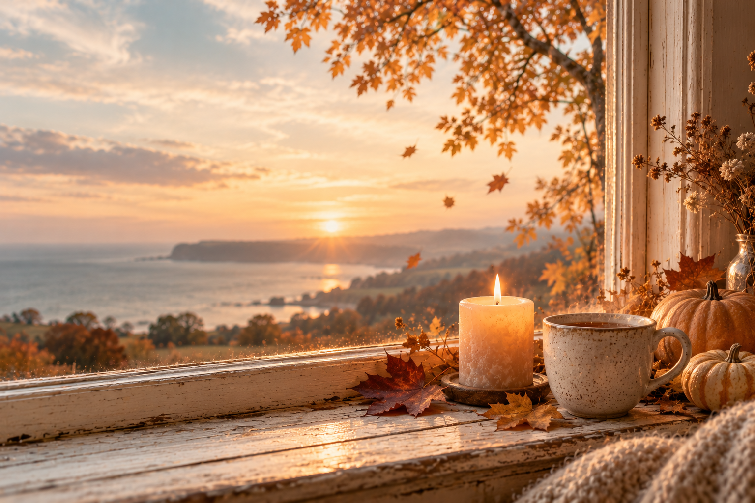 A lit candle and a cup of tea on a cream wooden windowsill, with autumn leaves falling past the window and a soft view of the sea at sunset
