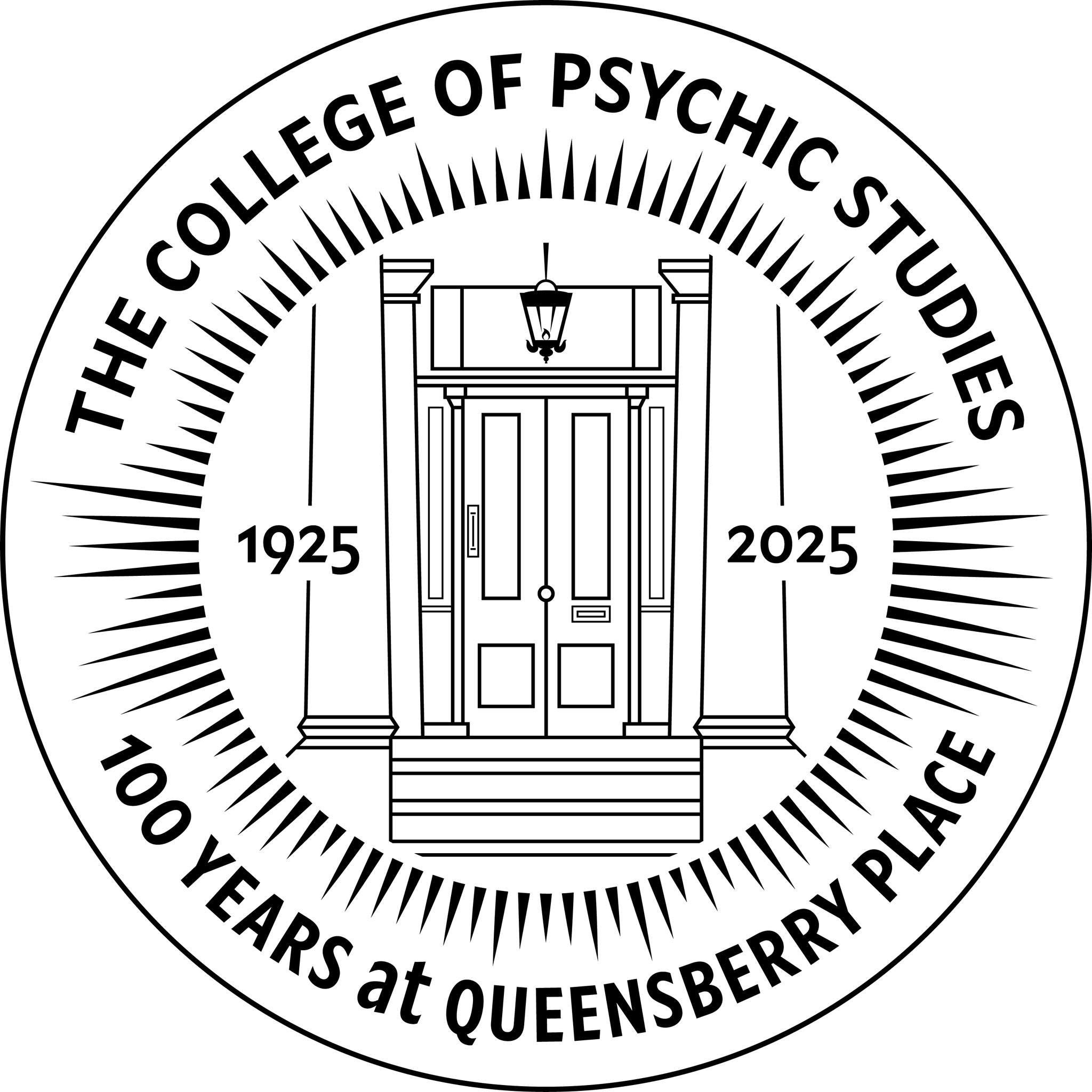 Circular emblem with the outline of a door and a hanging lantern, surrounded by the text 'The College of Psychic Studies at Queensberry'.