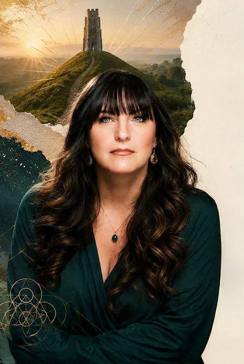 TJ Higgs with long dark hair and bangs, wearing a teal top and jewelry, superimposed over a torn paper background with a landscape showing a hilltop castle at sunset.