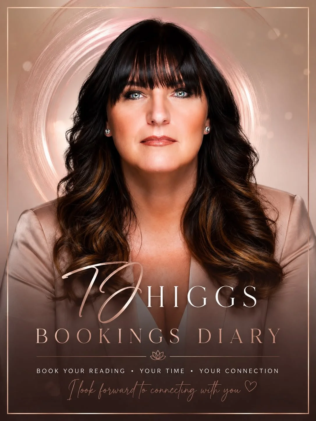 Book cover featuring a woman with dark brown hair and blue eyes, wearing a beige blazer, with the title 'HIGGS BOOKINGS DIARY' and the subtitle 'Book your reading, your time, your connection'.