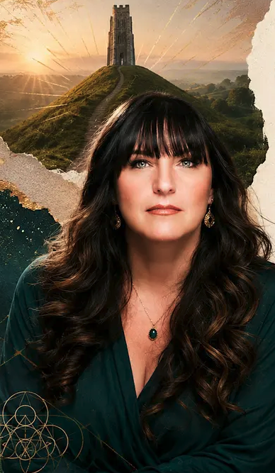 TJ Higgs with long dark hair and bangs, wearing a teal top and jewelry, with a mystical, mountainous landscape and a tower in the background.
