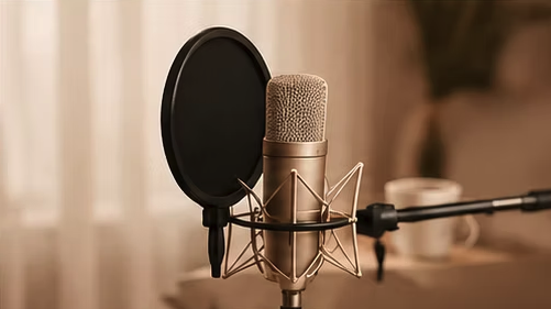 A professional microphone with a pop filter in a recording studio.