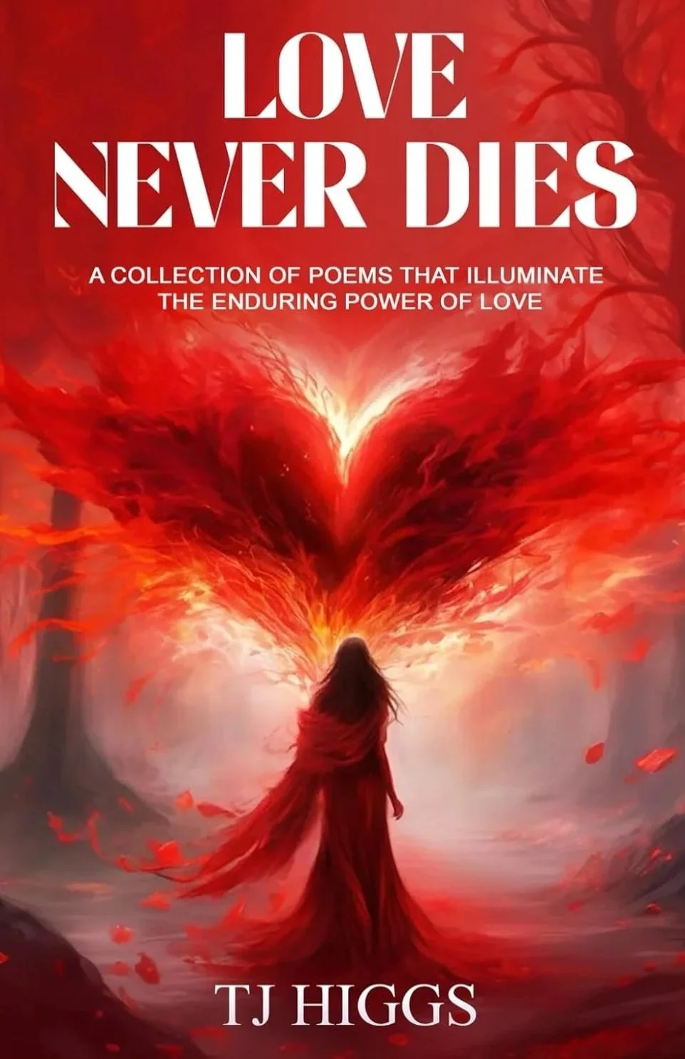 The cover of a book titled 'Love Never Dies: A Collection of Poems That Illuminate the Enduring Power of Love' by TJ Higgs. The cover depicts a woman in a red dress with long hair walking into a fiery, heart-shaped swirl of flames and smoke, surrounded by red foliage in a fantasy-style scene.
