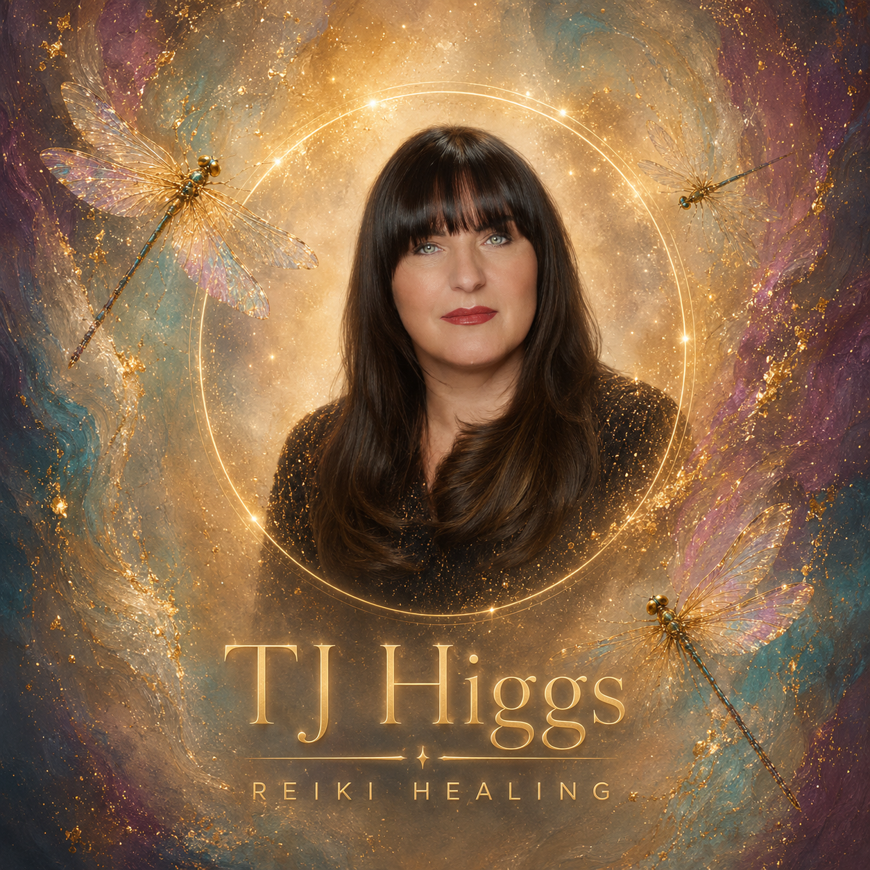 Book cover featuring Tj Higgs with long brown hair and bangs, surrounded by a cosmic background with stars and dust, and three glowing dragonflies. Text reads 'TJ Higgs' and 'Reiki Healing'.
