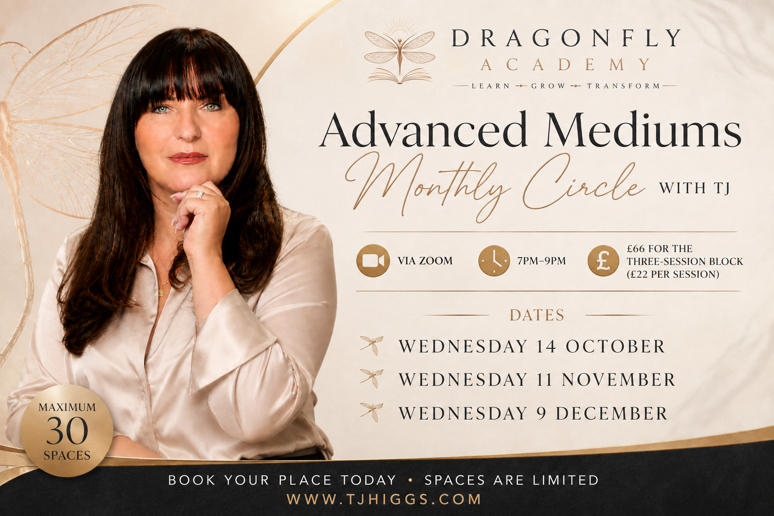 Promotional flyer for Dragonfly Academy's Advanced Mediums Monthly Circle, featuring a woman with dark hair and bangs posing with her hand on her chin. The flyer provides details about dates, costs, and how to attend via Zoom, with decorative dragonfly and wing graphics.