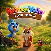 Colorful logo for Rainbow Valley Good Friends with cartoon animals in a park setting, including a blue bird, a fox, and a pig.