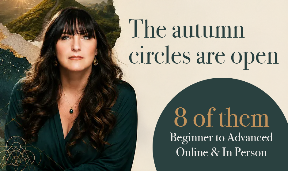The image features a woman with long dark curly hair and earrings, dressed in a dark green top, set against a background of a mountain landscape and a circular graphic design. Text on the image reads: "The autumn circles are open. 8 of them. Beginner to Advanced. Online & In Person."