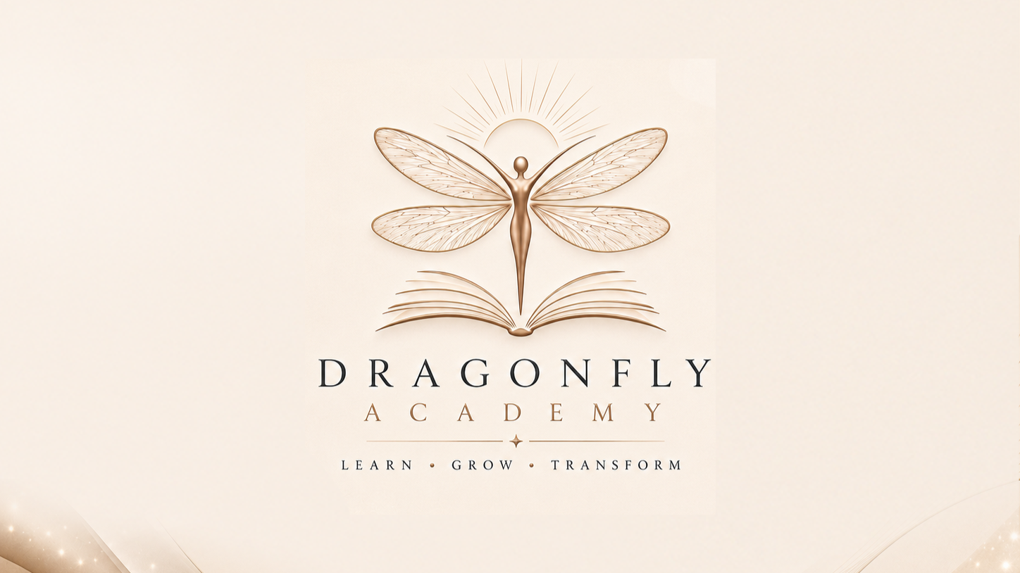 Logo of Dragonfly Academy featuring a metallic dragonfly with opened wings perched on an open book, with a sun behind it and the words 'Learn, Grow, Transform' below.