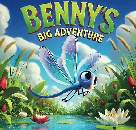 Animated dragonfly with large eyes flying over a pond surrounded by colorful flowers and tall grass, with a blue sky and white clouds in the background, promoting Benny's Big Adventure.