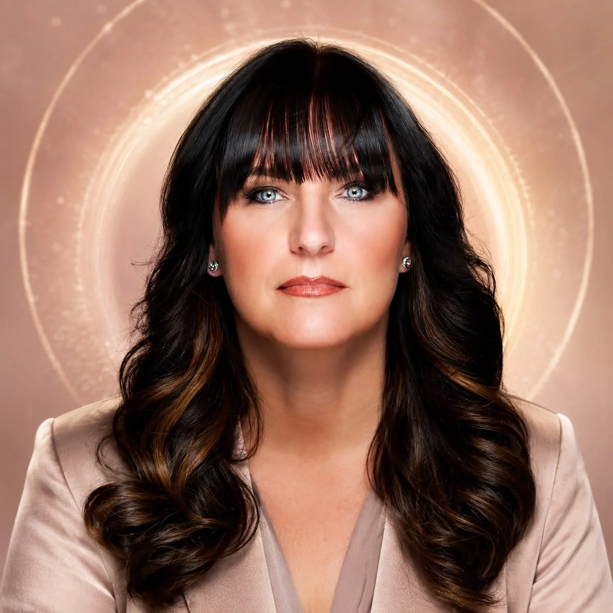 A woman with long dark hair, blue eyes, and wearing earrings and a beige blazer, looking directly at the camera with a glowing circular background.