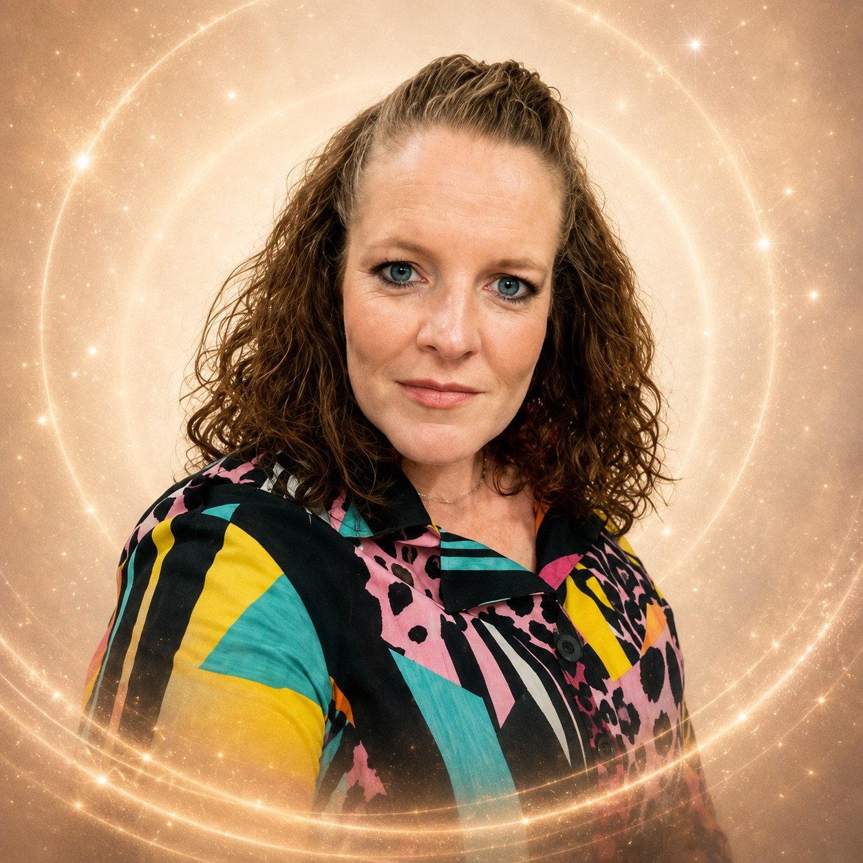 A woman with curly brown hair and blue eyes wearing a colorful patterned shirt, posing in front of a digitally added sparkling, glowing background with circular light effects.