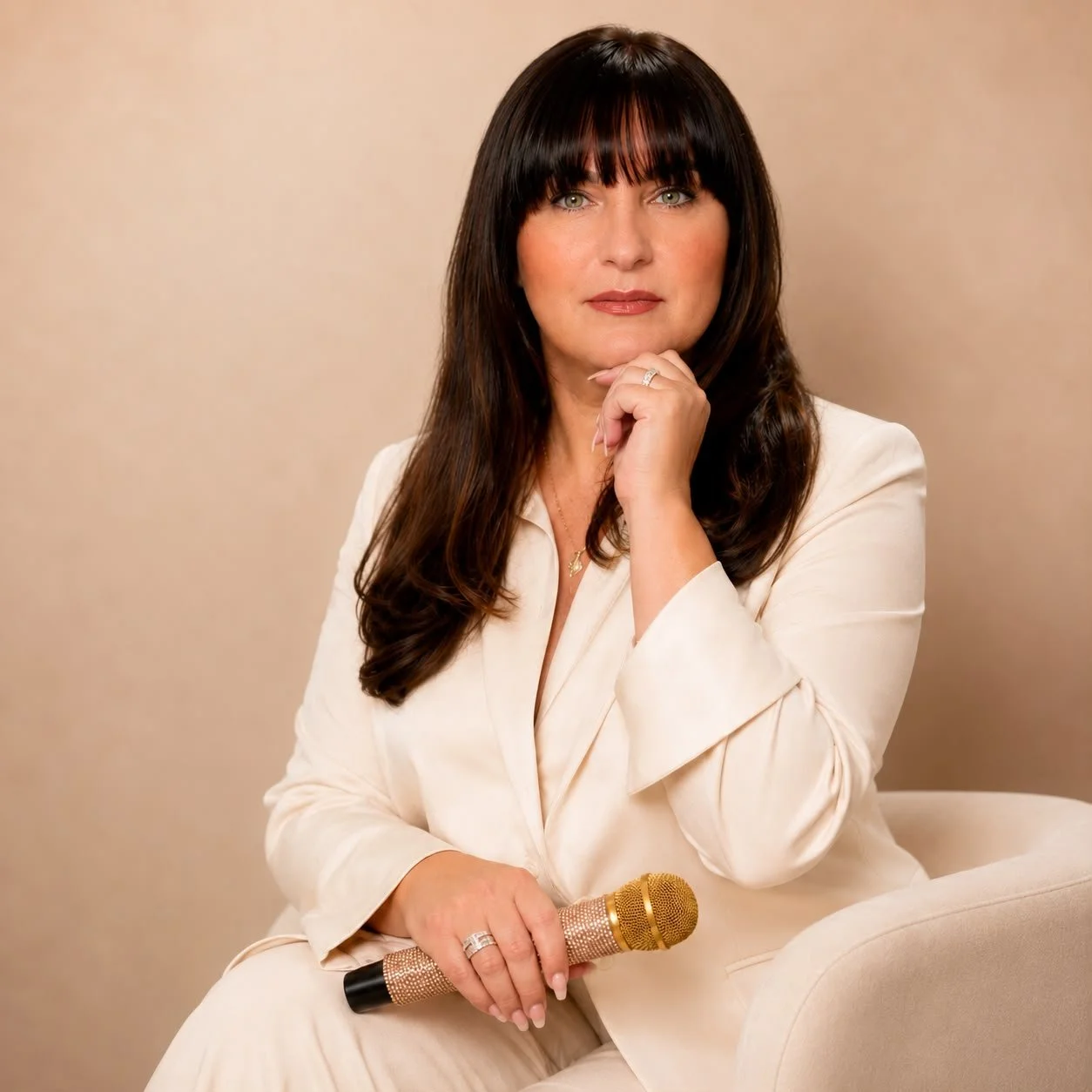 A woman with long dark hair and bangs, wearing a white suit, sitting on a beige chair, holding a gold microphone, looking directly at the camera with her hand on her chin, against a plain beige background.