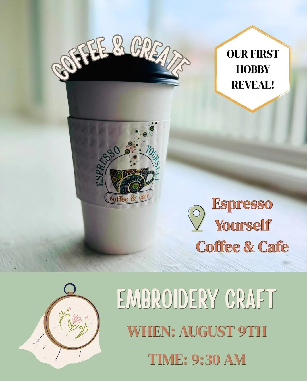 🧵✨ Our First Hobby Hive Meet-Up is Here! ✨☕

Calling all crafty friends! Join us for our very first Hobby Hive Club gathering as we spend a cozy morning embroidering, sipping coffee, and making new connections.

📅 Sunday, August 9
⏰ 9:30 AM
📍 Espr