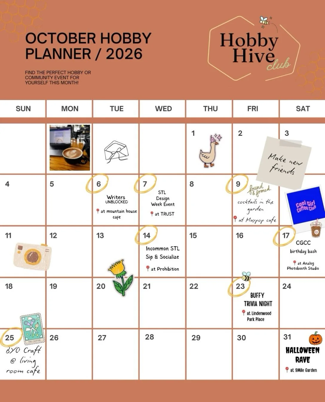 Your October plans just got a LOT more fun. 🐝✨

October&rsquo;s Hobby Hive Planner is here! 🍂

We rounded up a mix of Hobby Hive events, local community events, creative workshops, craft nights, trivia, travel, coffee hangs + more so you can find s
