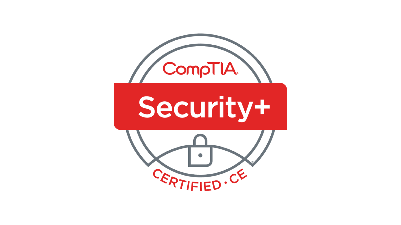 CompTIA Security+ certification badge featuring a lock icon and the words "Security+" in bold red text, with the certifications "Certified" and "CE" inscribed at the bottom.