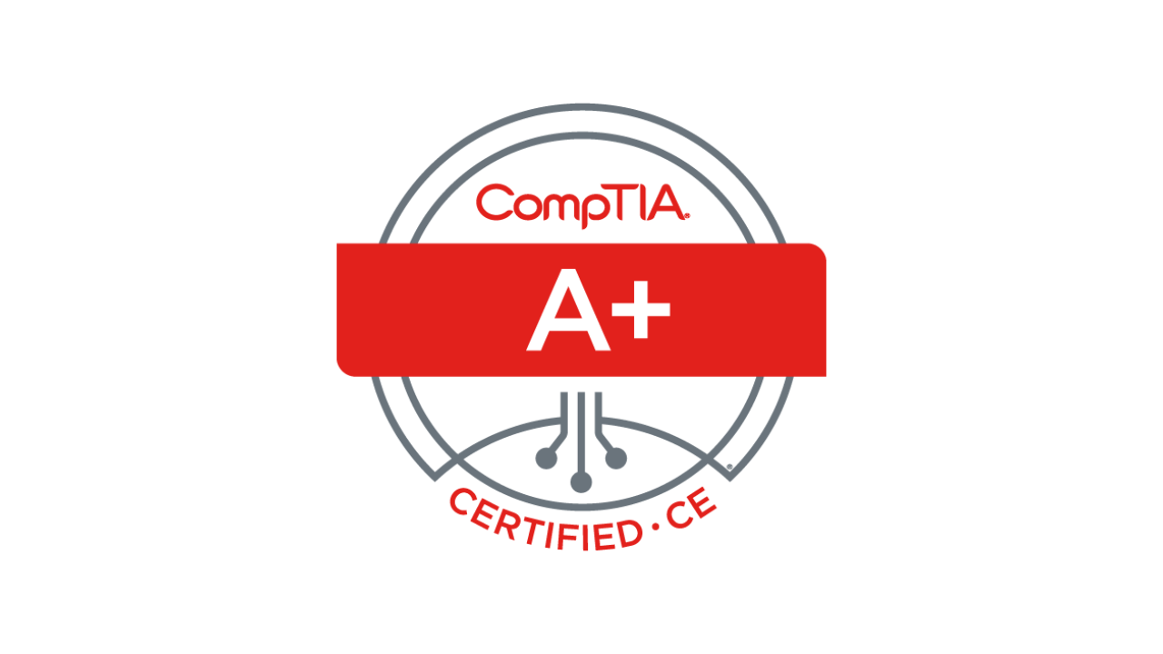 Certification badge with the text CompTIA, A+ in a red banner, and Certified CE below in red.