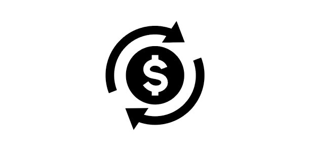 Line art icon of a dollar sign surrounded by circular arrows, representing financial or currency exchange.