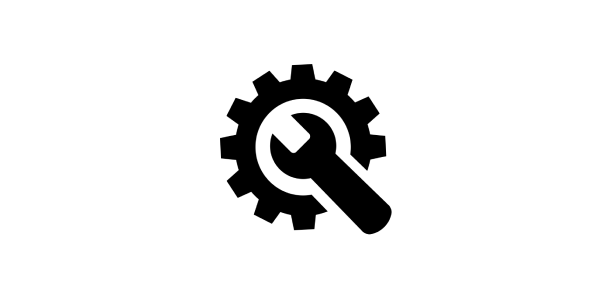 Line drawing of a gear with a wrench inside it, symbolizing tools or maintenance.