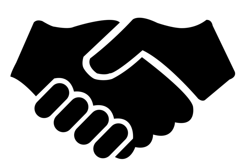 Outline drawing of two hands shaking.