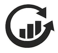 A black and white icon of a circular arrow surrounding a bar chart with ascending bars