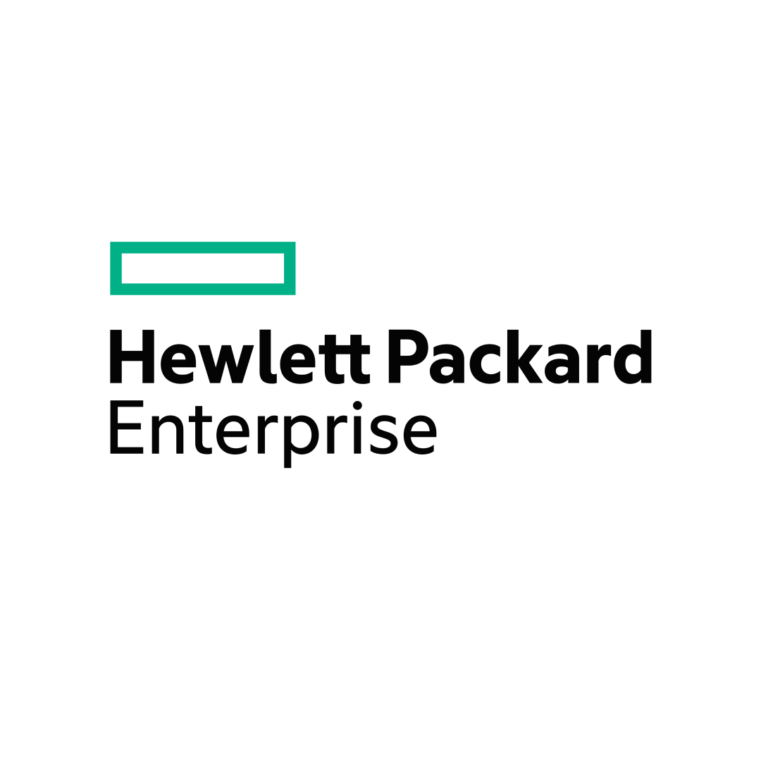 Hewlett Packard Enterprise logo with stylized 'H' and 'E' in black and teal.