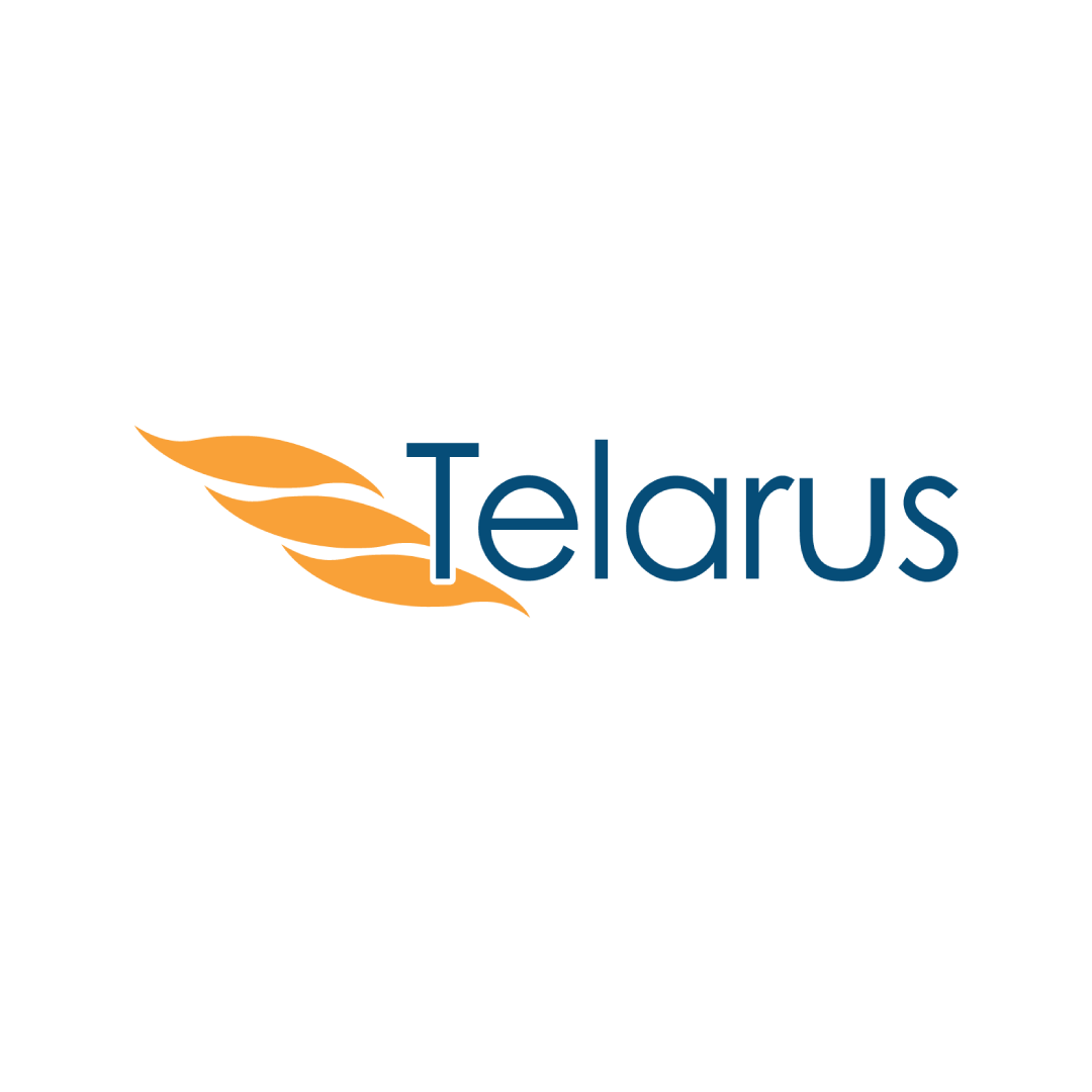 Logo for Telarus featuring an orange stylized feather and the word Telarus in blue text.