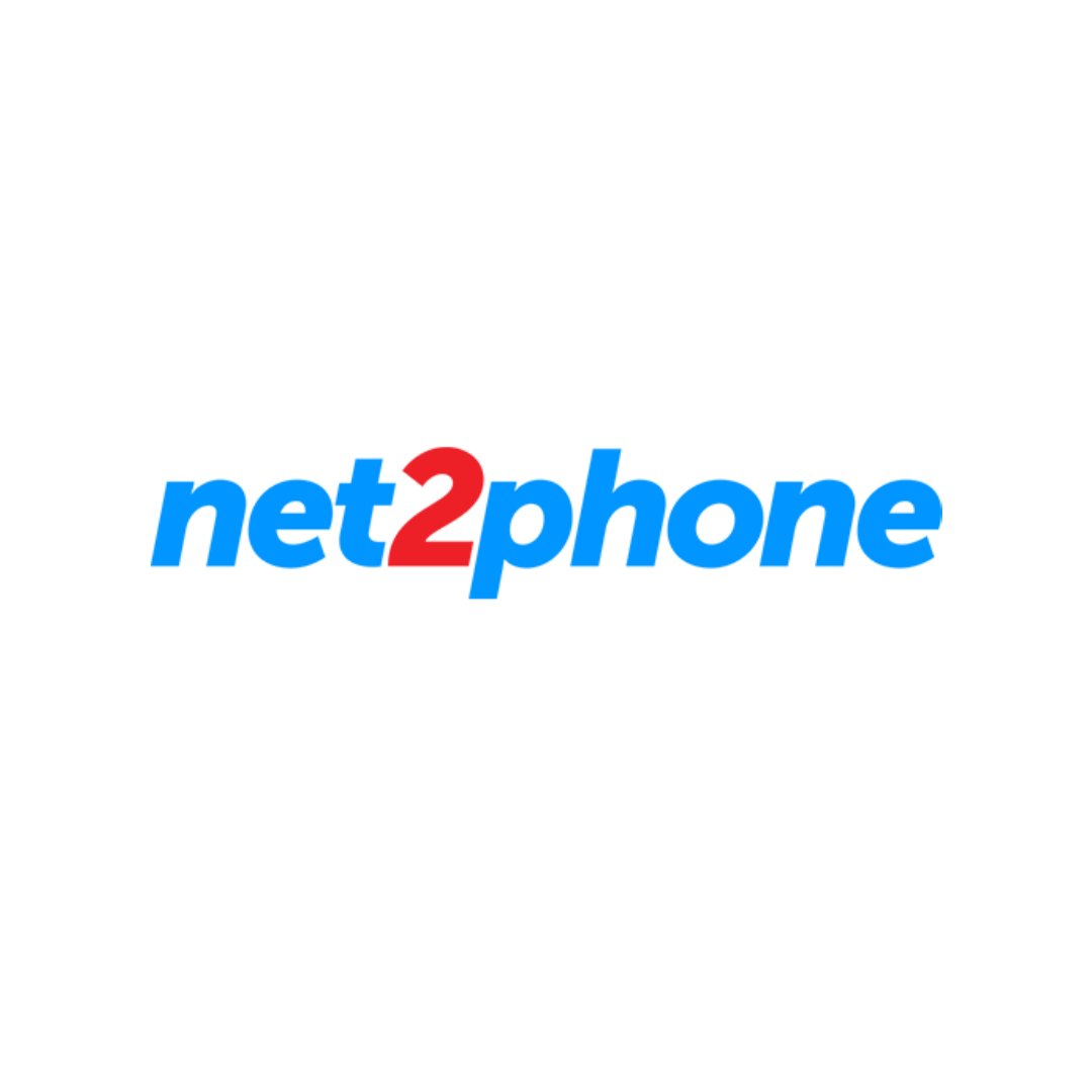 Logo of Net2Phone with stylized text in blue and red, featuring a silhouette of a person talking on a phone.