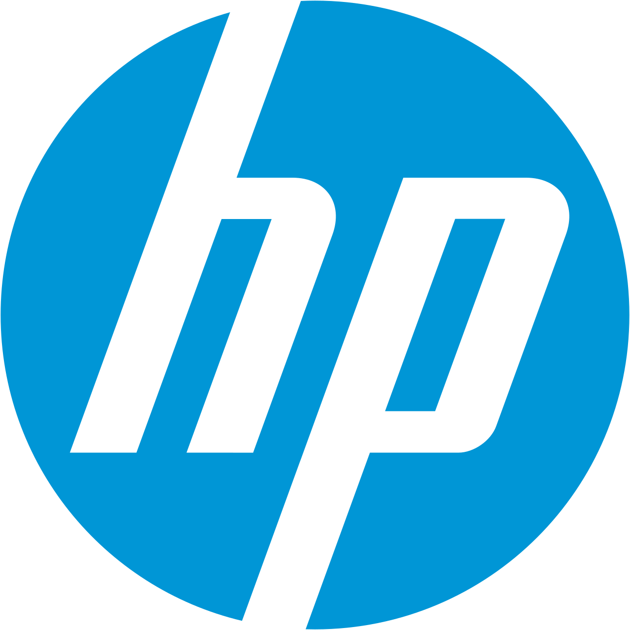 HP logo with blue circle background and black letters