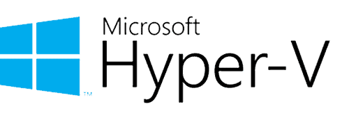 Microsoft Hyper-V logo with four blue squares and the text 'Microsoft Hyper-V'.