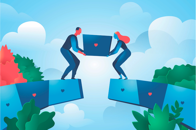 Two people exchanging a laptop with a heart symbol on it, standing on separate floating platforms outdoors.