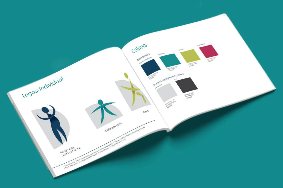 Mock-up of a branding document showing logos and colour palettes