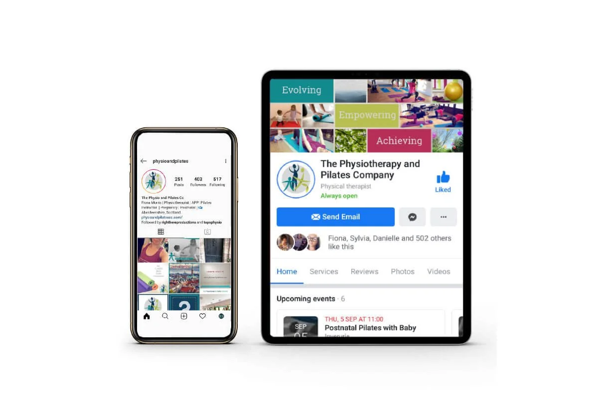 A phone and a tablet displaying social media pages for The Physiotherapy and Pilates Company