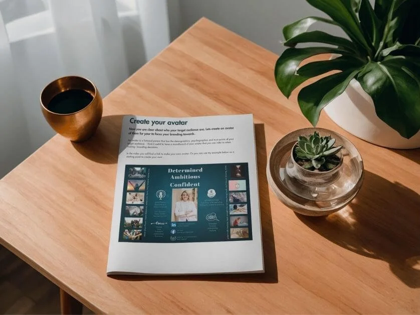 A wooden table with a coffee cup, a brochure titled 'Create your avatar', and a small potted succulent plant, with a large leafy plant in the background