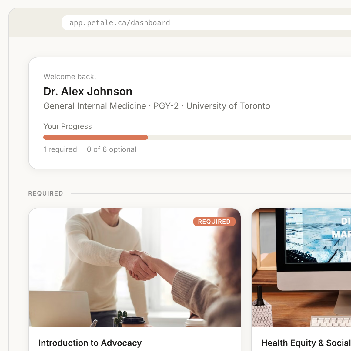 PETALE learner dashboard showing course progress