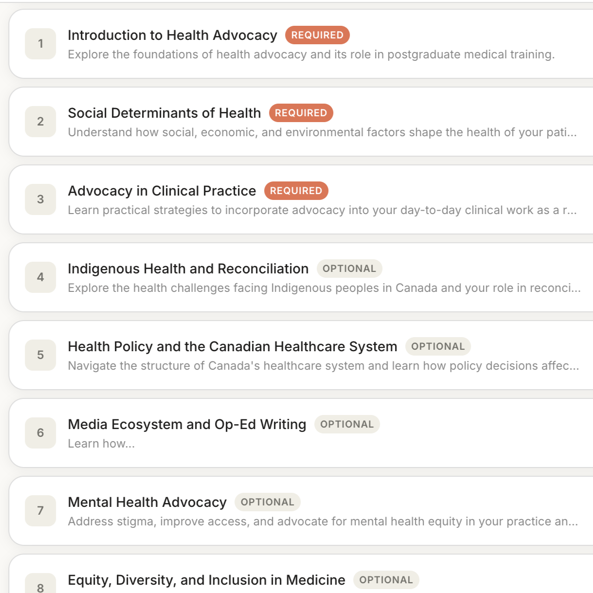 PETALE course modules, including Introduction to Health Advocacy and Health Policy