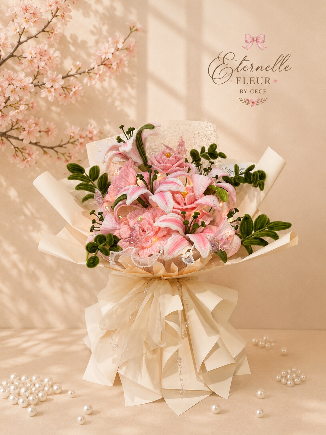Pink and white decorated flower bouquet featuring lilies and other flowers, wrapped in cream-colored paper with a large bow, surrounded by scattered white pearls, against a light background with a pink cherry blossom branch and a logo reading 'Eterne