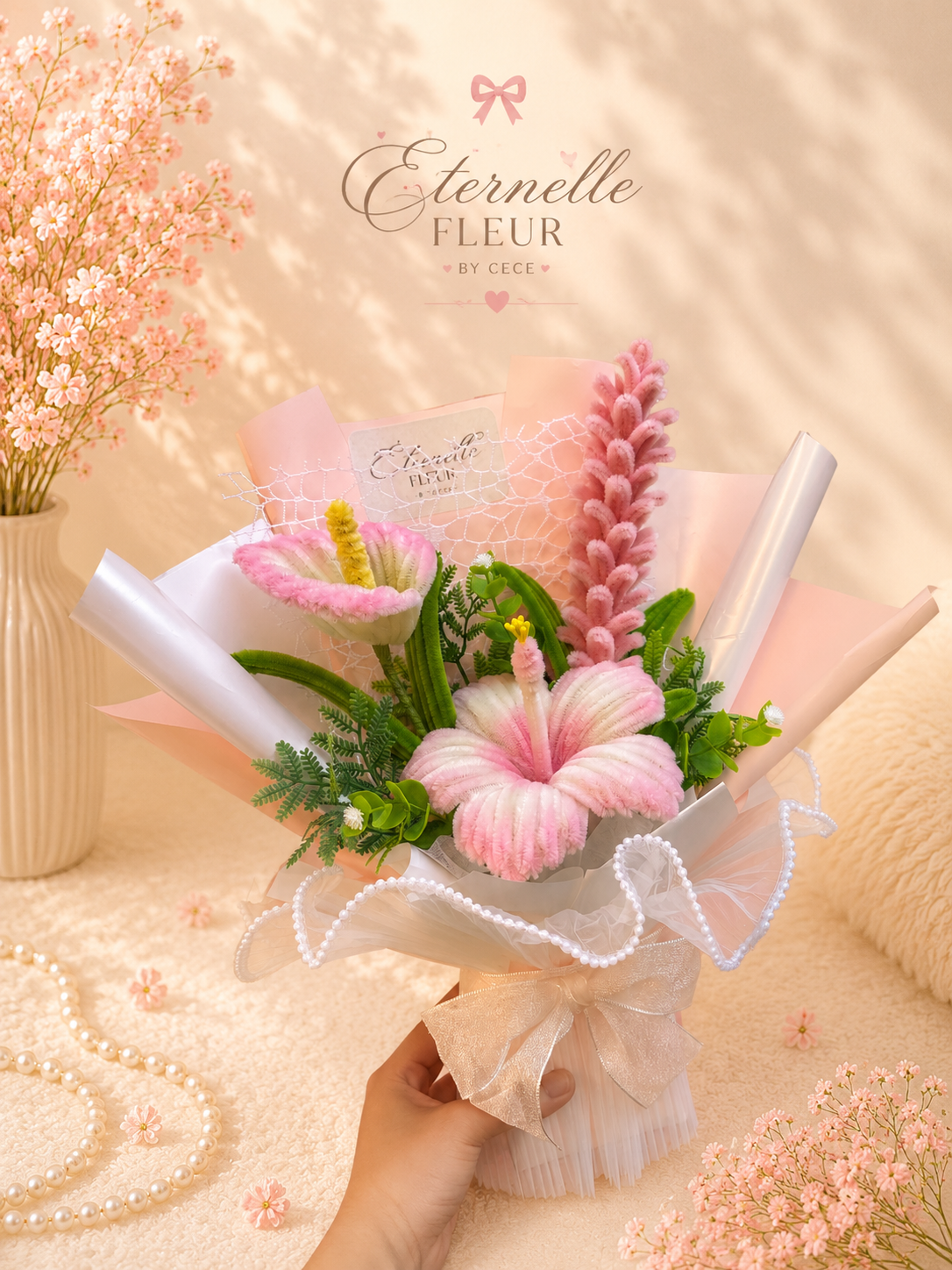 A pastel pink and green flower bouquet with artificial flowers, wrapped in decorative paper and a ribbon, held by a person's hand. The background features pink flowers, a string of pearls, and soft beige textiles.