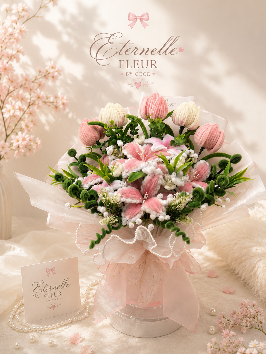 A flower arrangement with pink and white decorative flowers in a pink wrapping, placed on a table with pearls and a card, featuring a background with cherry blossoms and a sign that reads "Eternelle Fleur by Cece" with a pink ribbon graphic.