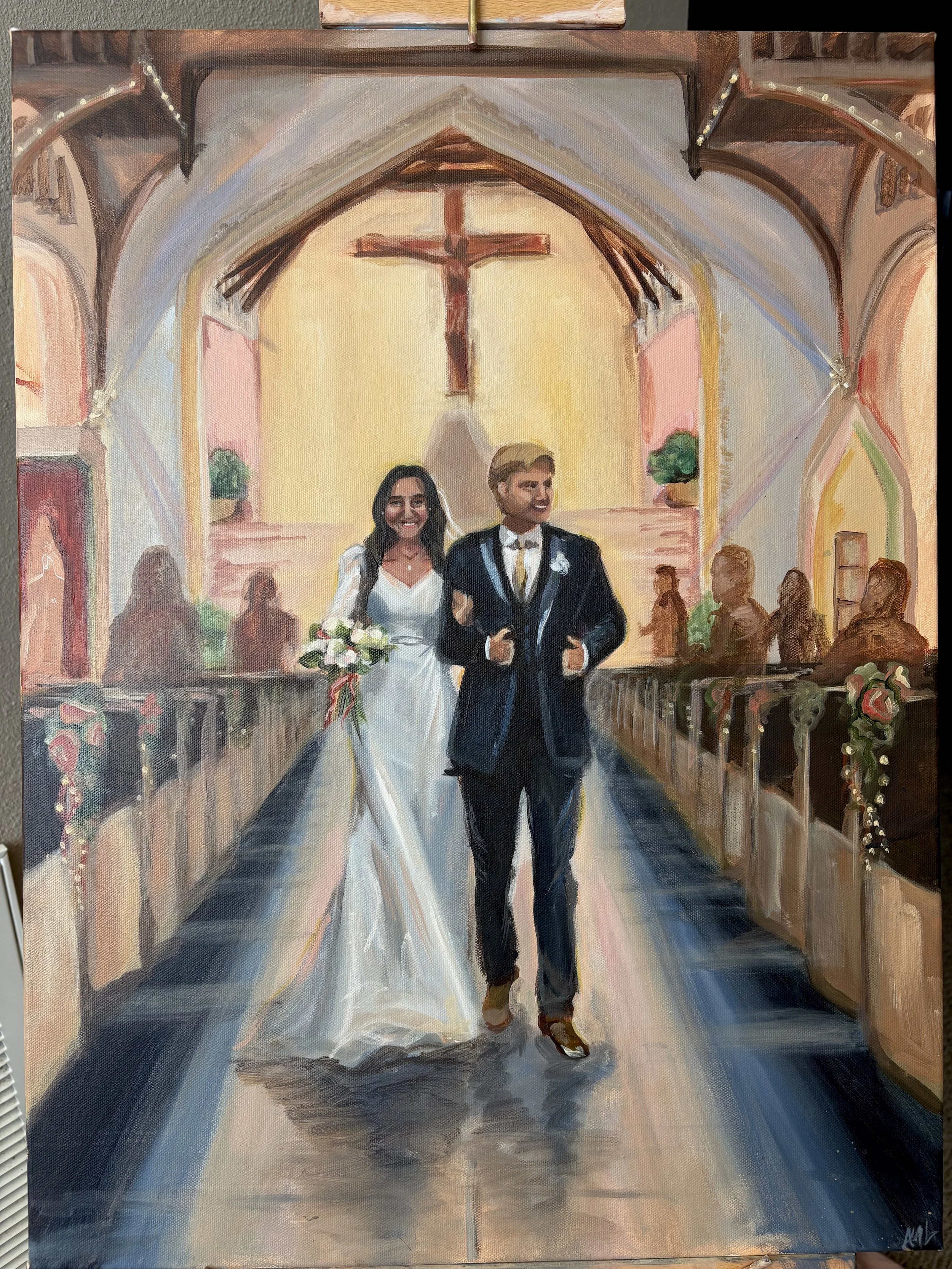 A wedding painting featuring a bride and groom walking down the aisle inside a church with the cross at the altar in the background. The bride is holding a bouquet and wearing a white wedding dress, while the groom is in a black suit with a white shi