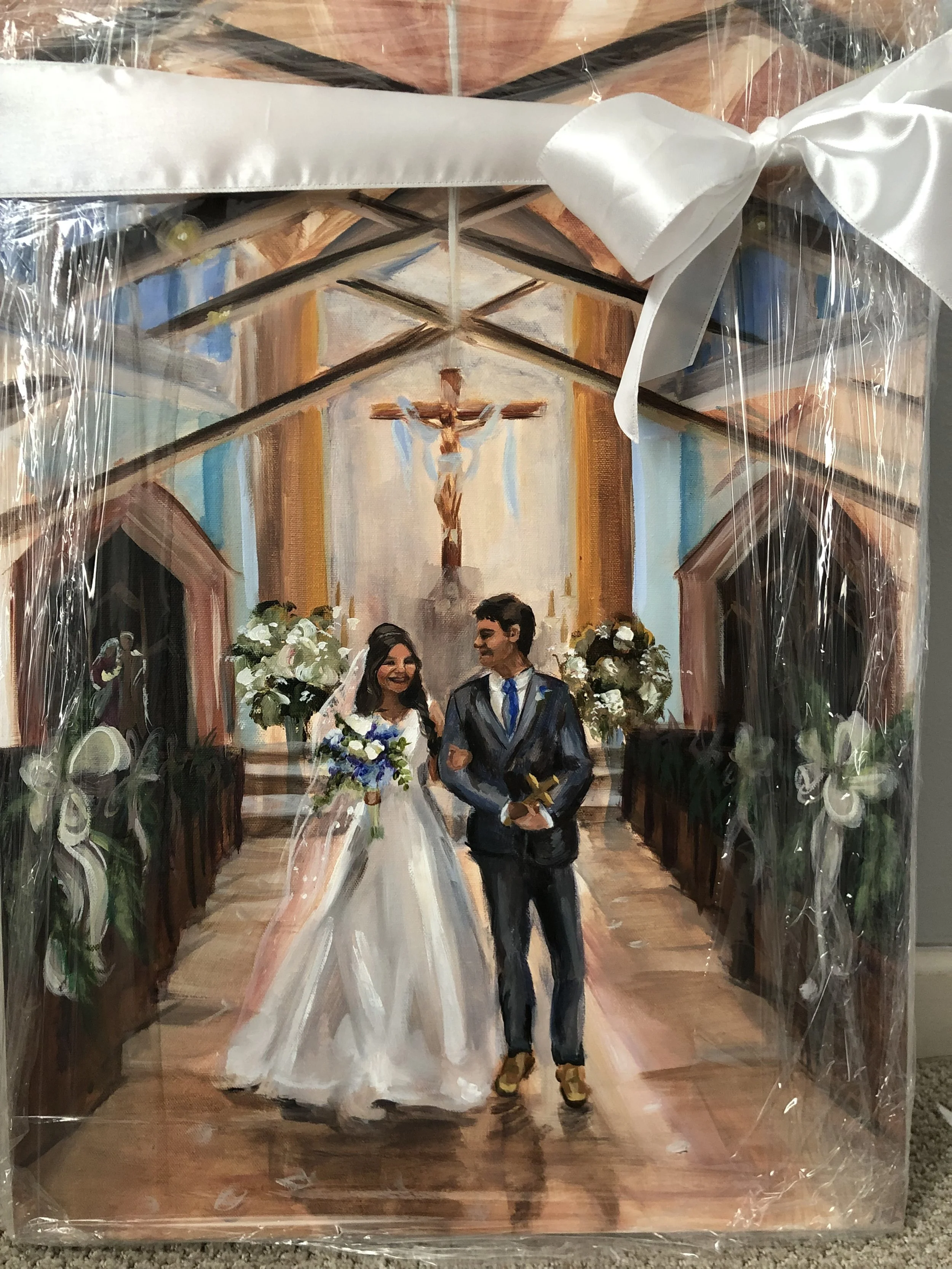 A painting of a bride and groom walking down the aisle in a church with crucifix and floral arrangements.