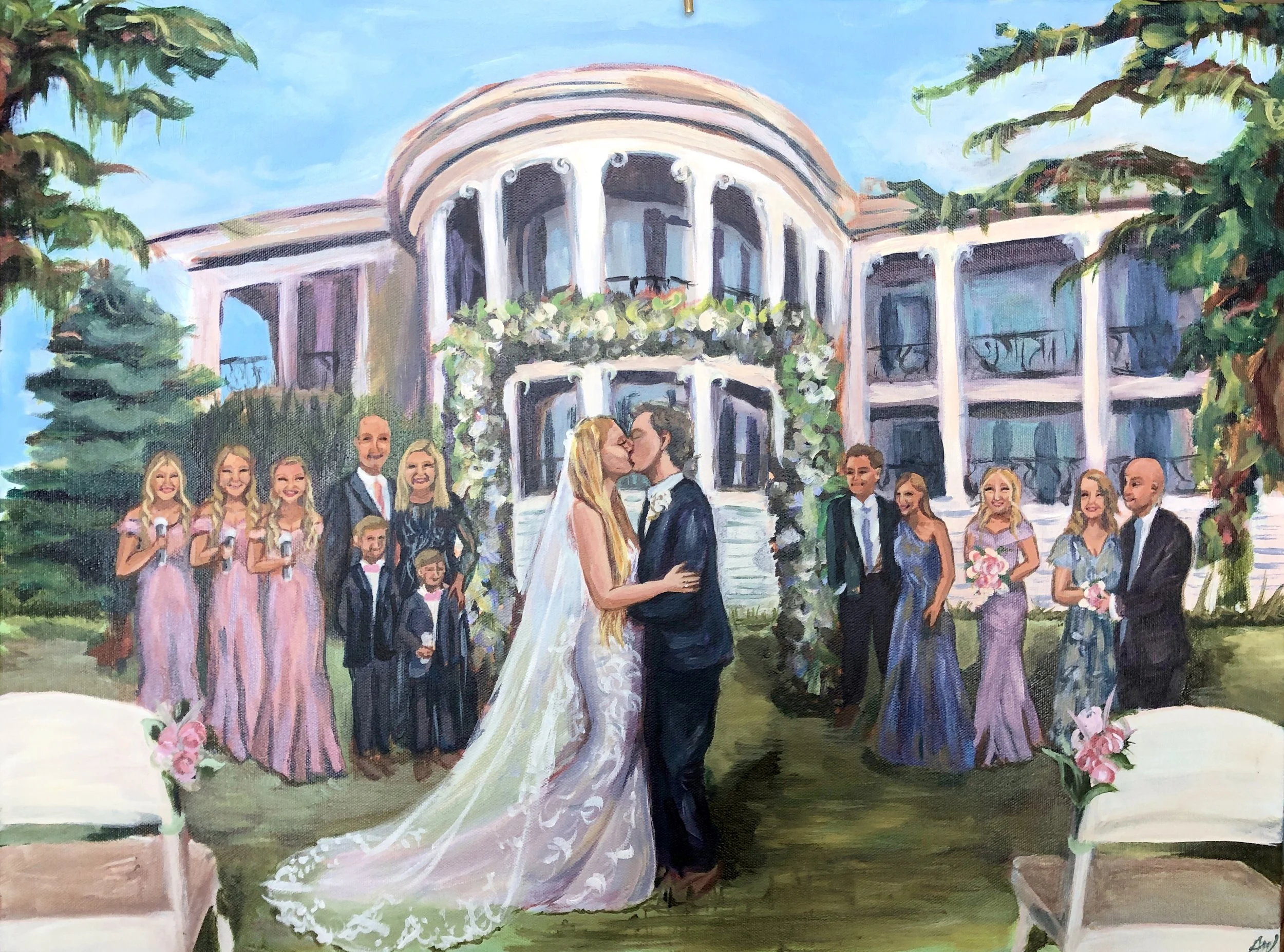 Painting of a wedding scene outside a large white house with columns. A bride and groom kiss in the center, surrounded by members of the wedding party and guests. The scene is framed by tall trees and a decorated arch with flowers.