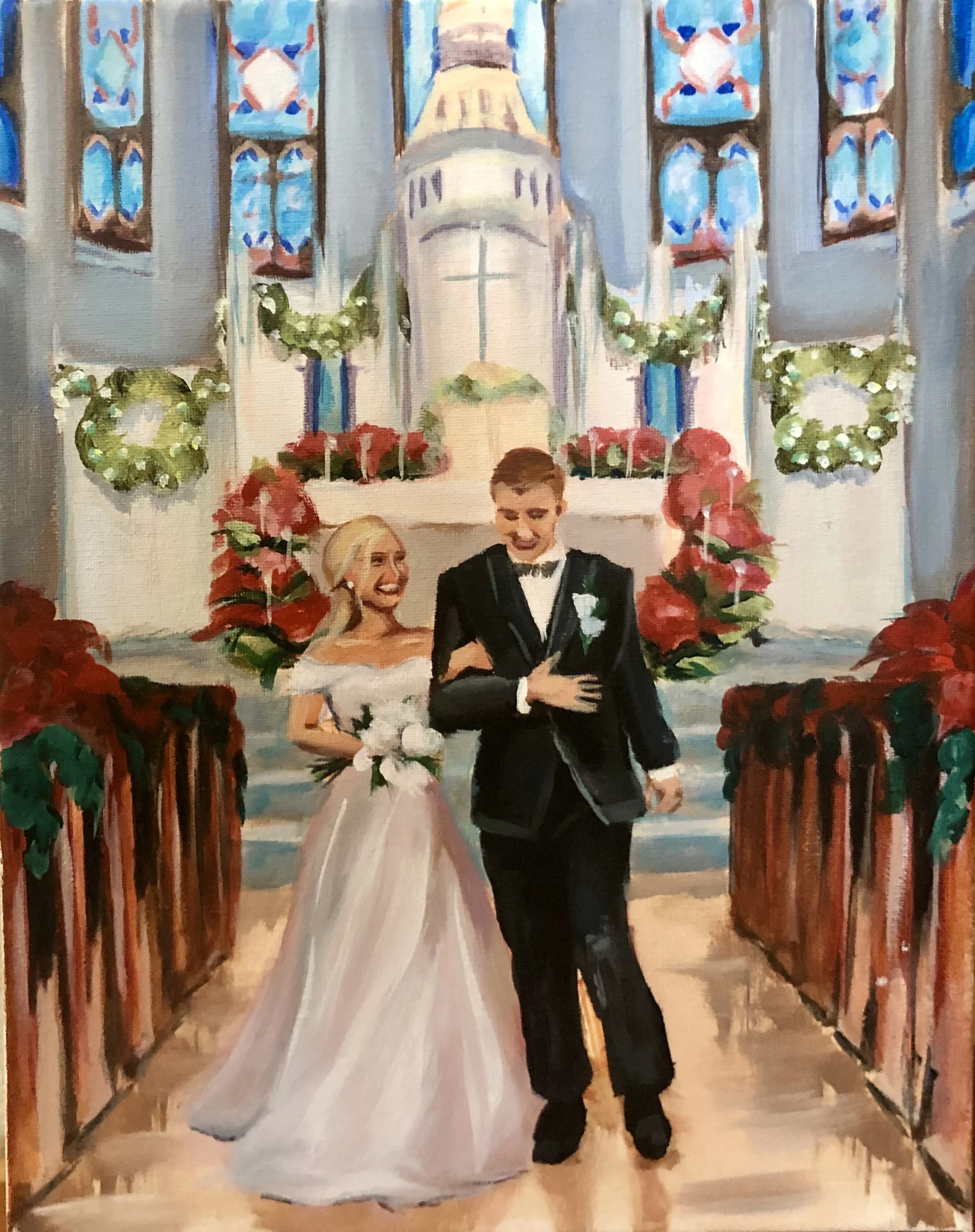 A bride and groom standing in a church aisle decorated with floral arrangements, with a backdrop of stained glass windows and an altar featuring a cross.