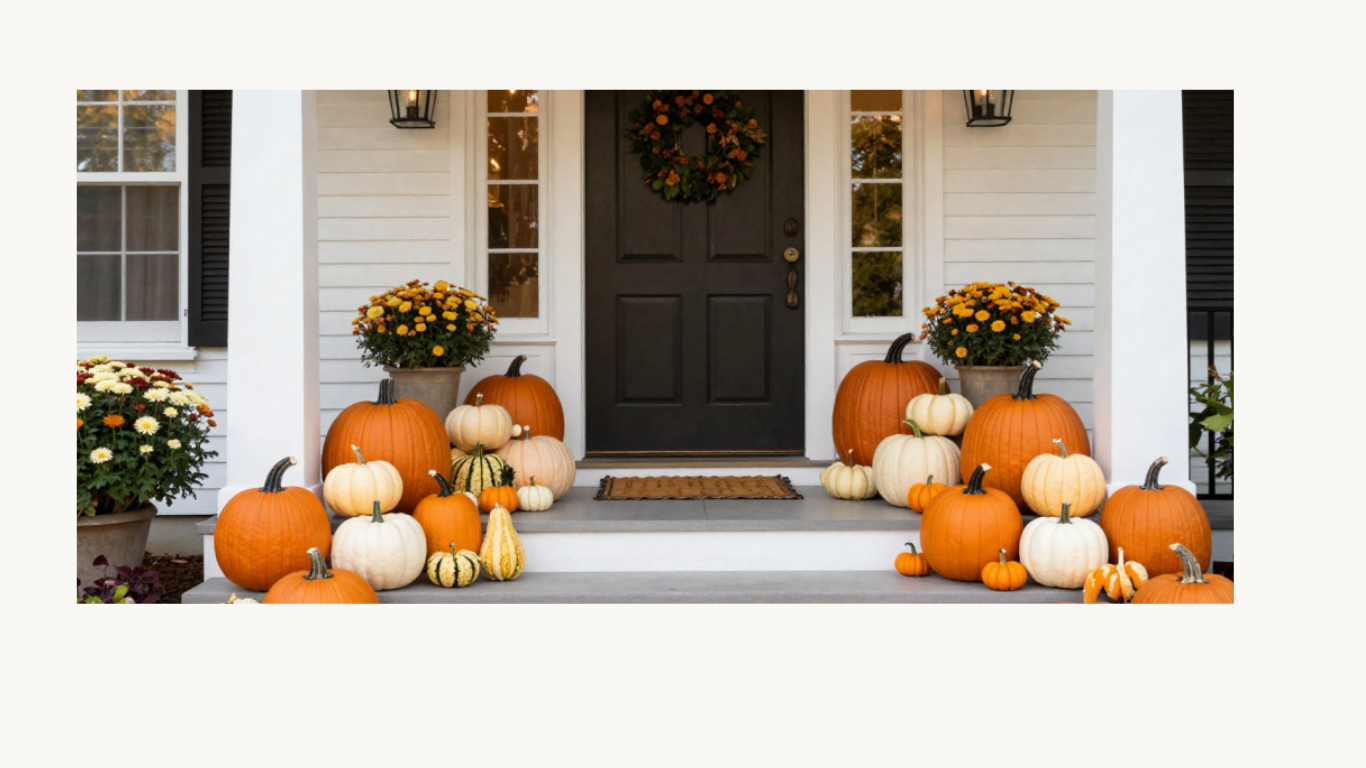 Pumpkins and potted yellow and white flowers decorate the front porch of a house with a black door, white siding, and black shutters, in an autumn setting.