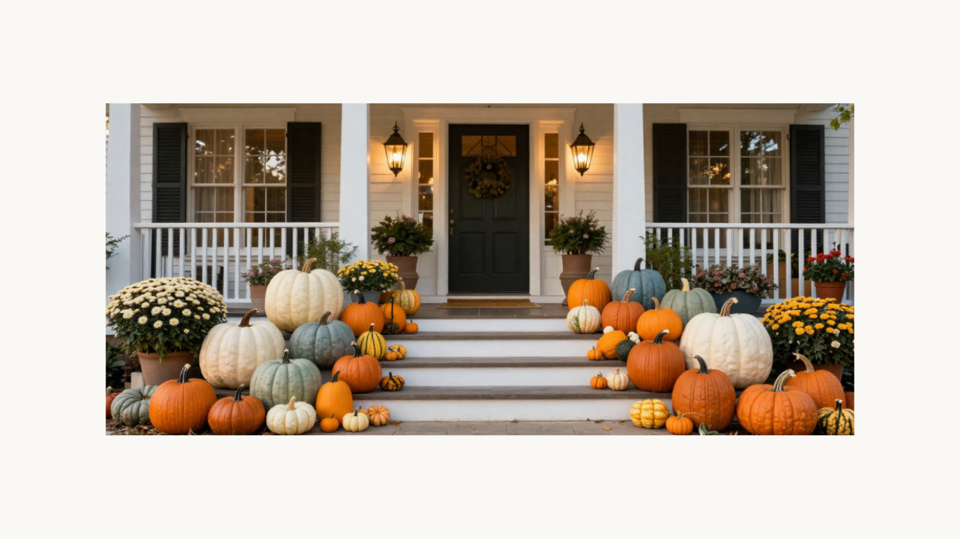 Front porch decorated with pumpkins and flowers for fall, including white, orange, green, and yellow pumpkins, with potted chrysanthemums and mums, on stairs leading to a house with white siding, black door, and two lantern-style lights.