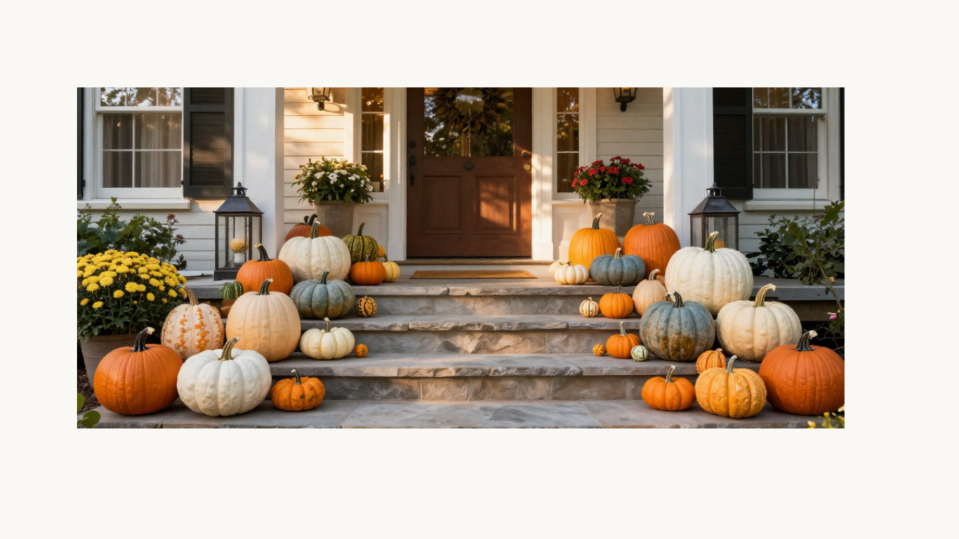 Pumpkins of various sizes and colors decorated on the front steps of a house during fall.