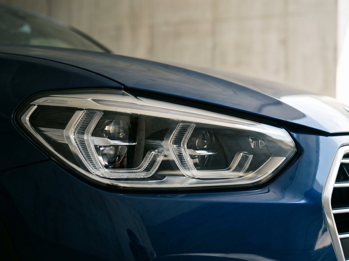 Close-up of a modern car's headlight on a blue vehicle.