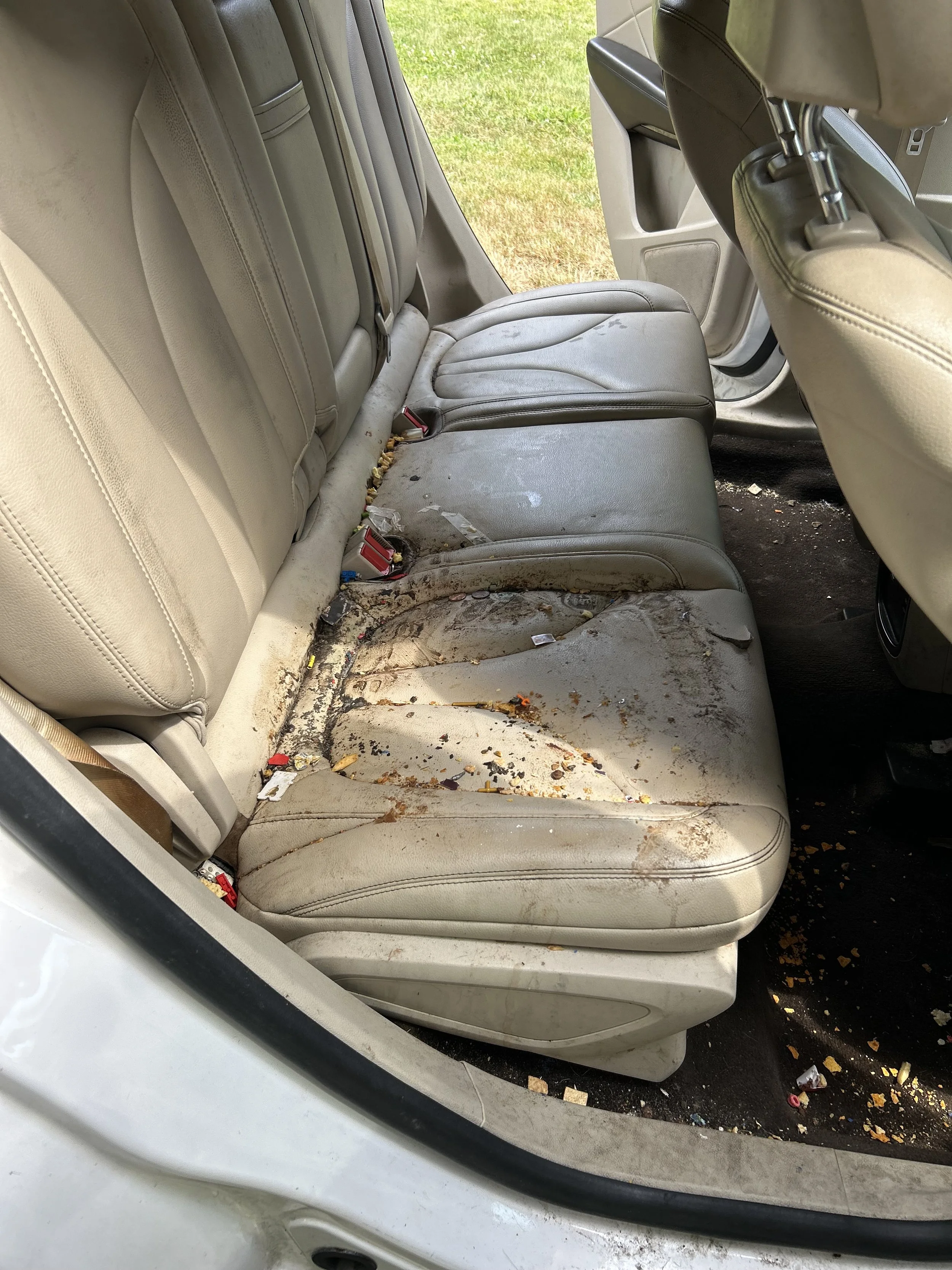 Dirty beige car backseat with trash and debris, black plastic on the floor, outside grass visible through the window.