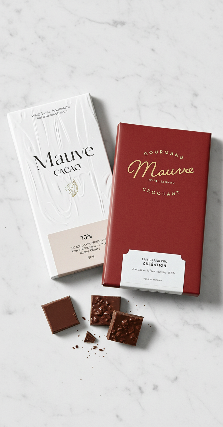 Two chocolate bars, one white and one red, with three chocolate pieces and crumbs on a white marble surface.
