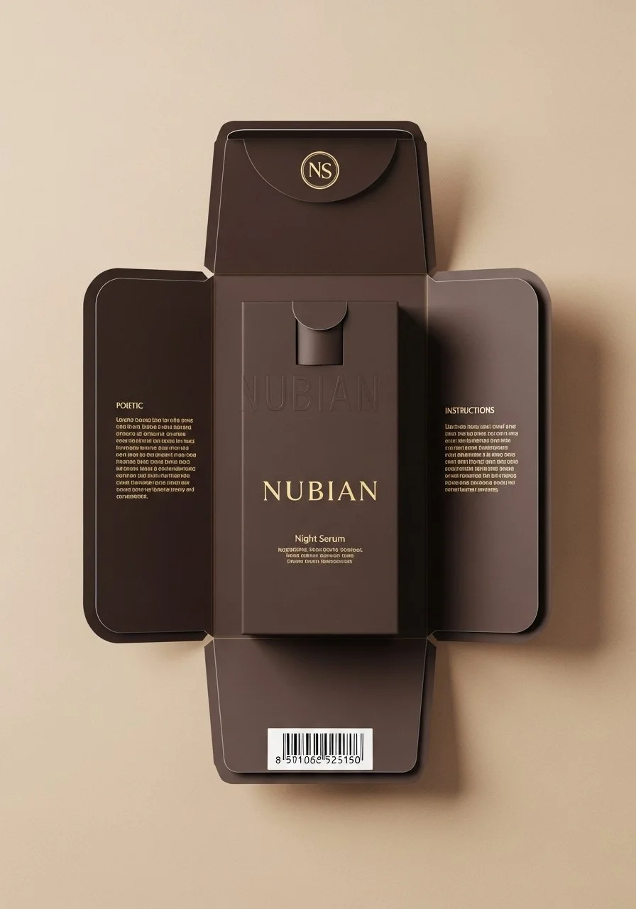 Open packaging of Nubian Night Serum with instructions and barcode.