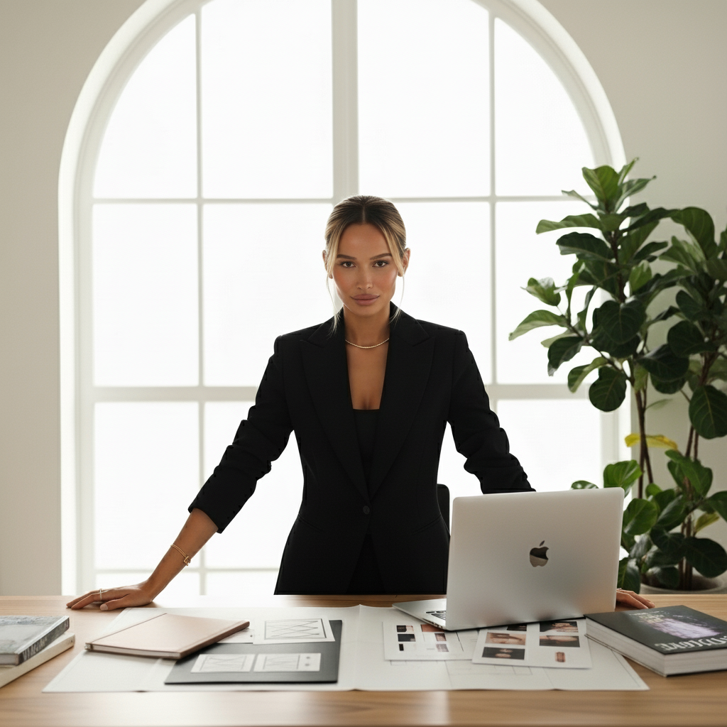 A young woman in a black business suit stands behind a desk with a computer, architectural plans, and books, in front of a large arched window and potted plant.